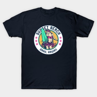 Retro Surfer Babe Badge Sunset Beach Oahu Hawaii T-Shirt